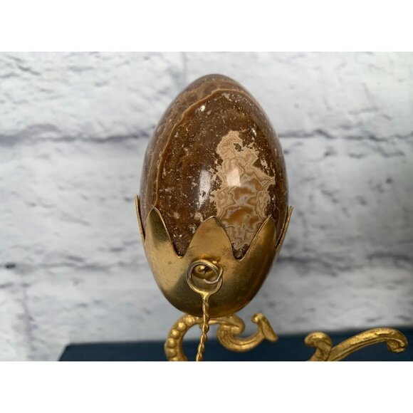 Marble Egg Gold-toned Stand Gold-Toned Spoon Matching Marble Stand Vtg - Picture 9 of 9